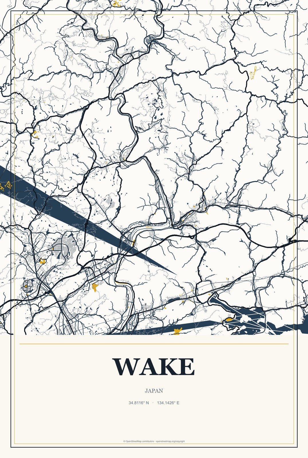 Wake, Japan City Map Aluminum Sign in Citrine Modern style