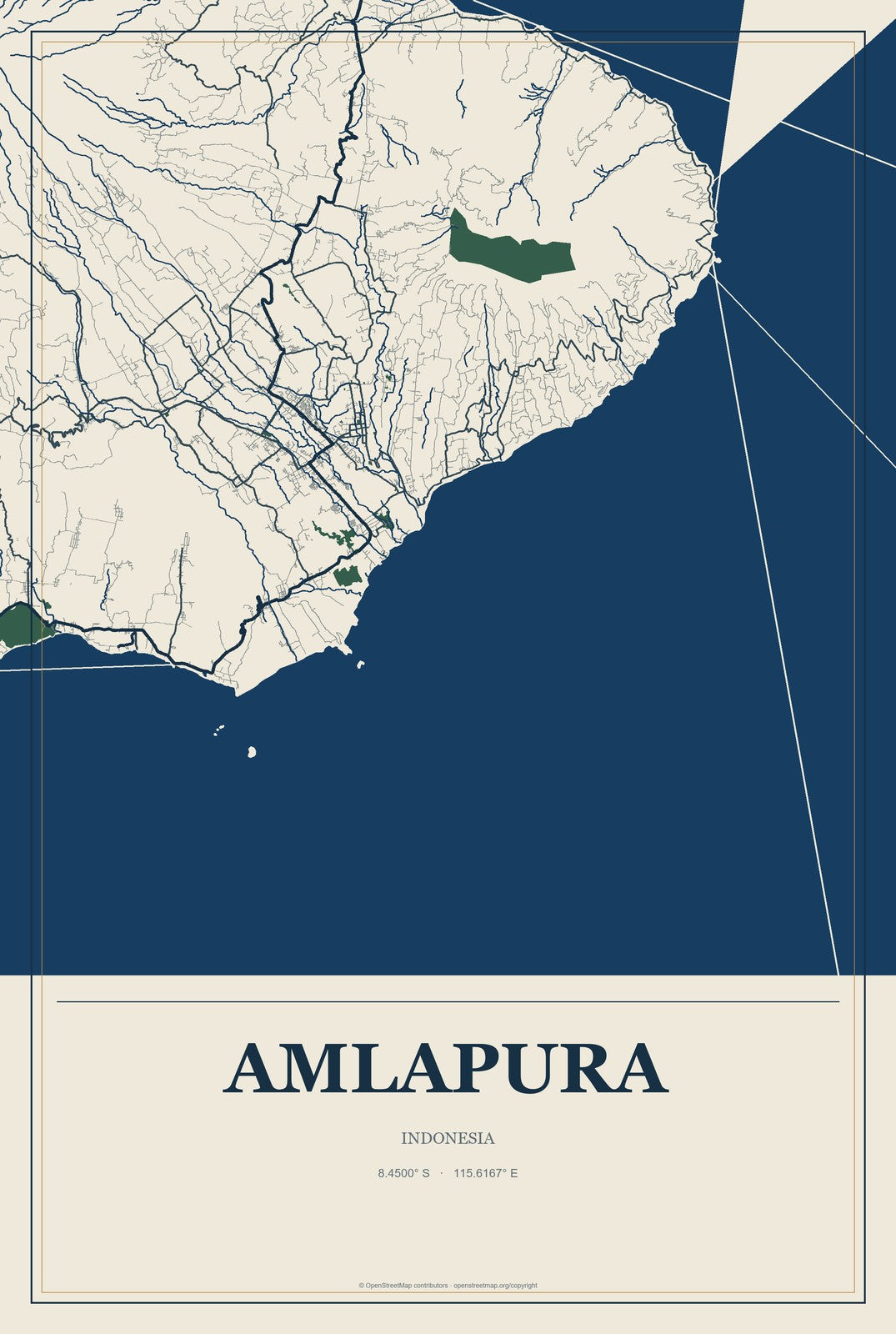 Amlapura, Indonesia City Map Aluminum Sign in Coastal Cutout style
