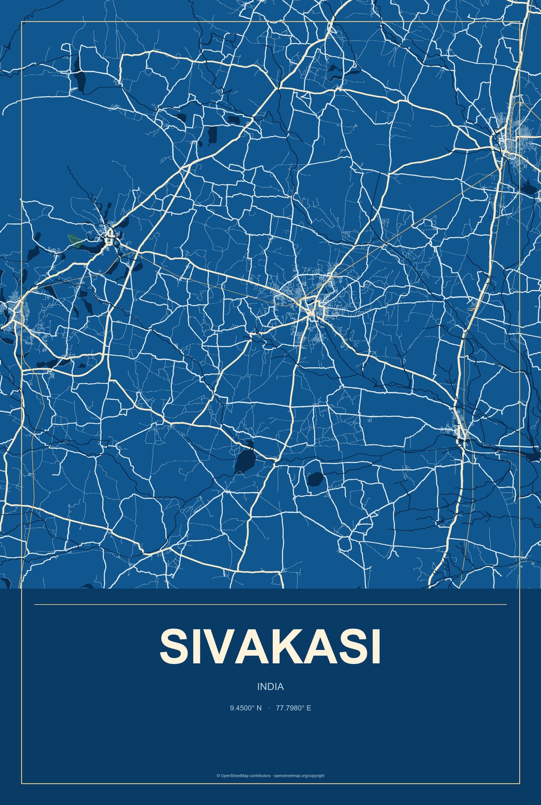 Sivakasi, India City Map Aluminum Sign in Harbor Cobalt style
