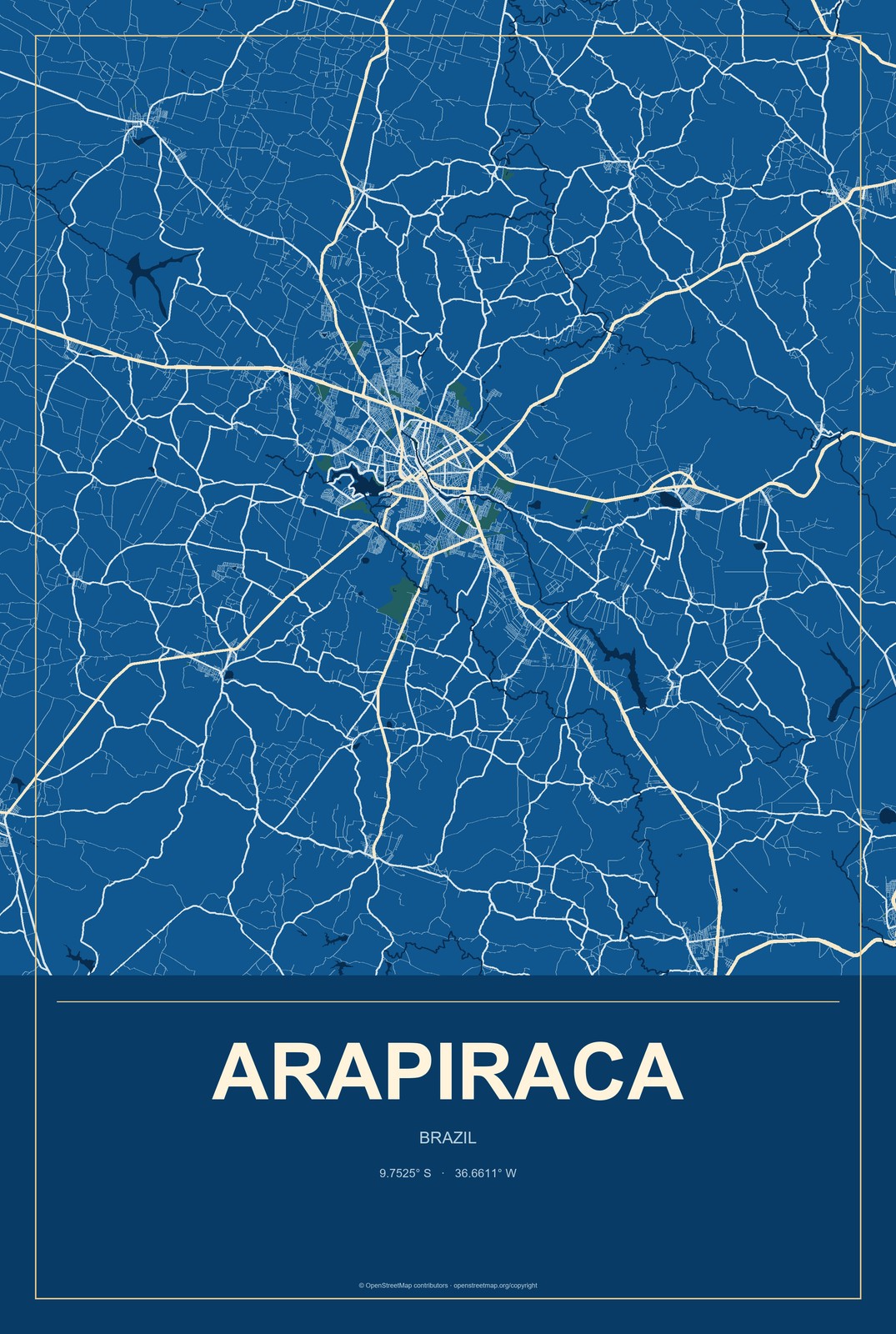 Arapiraca, Brazil City Map Aluminum Sign in Harbor Cobalt style