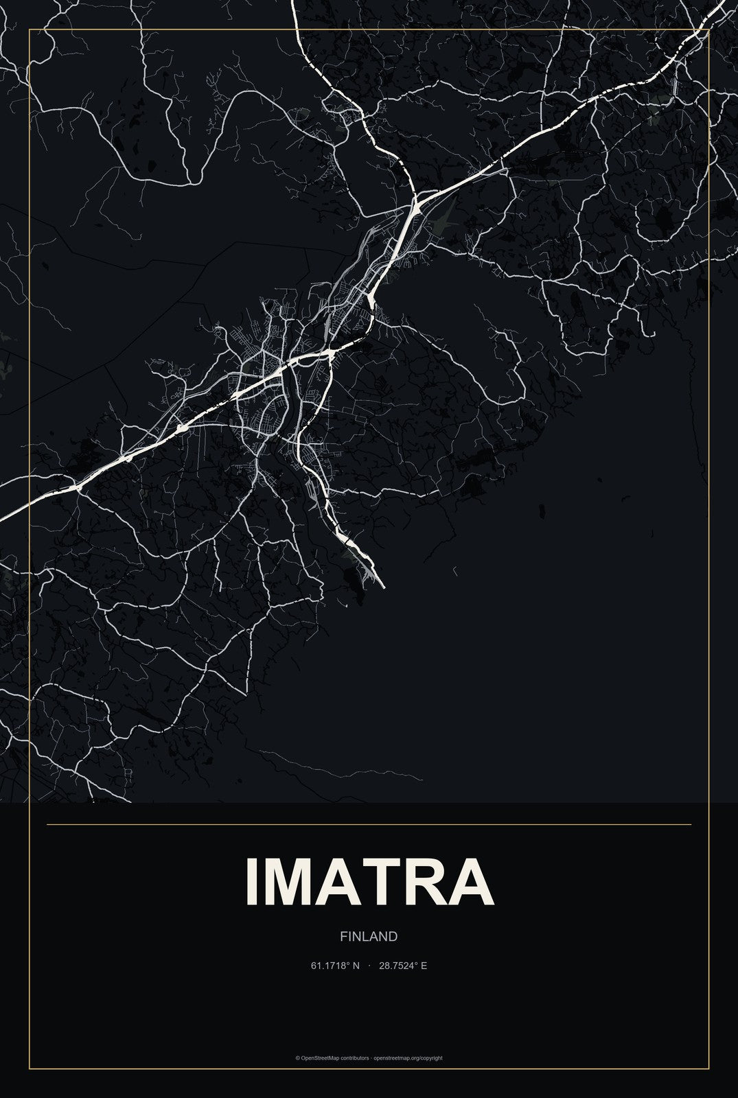 Imatra, Finland City Map Aluminum Sign in Metropolitan Noir style
