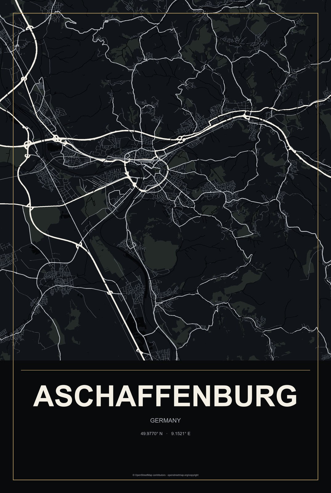 Aschaffenburg, Germany City Map Aluminum Sign in Metropolitan Noir style