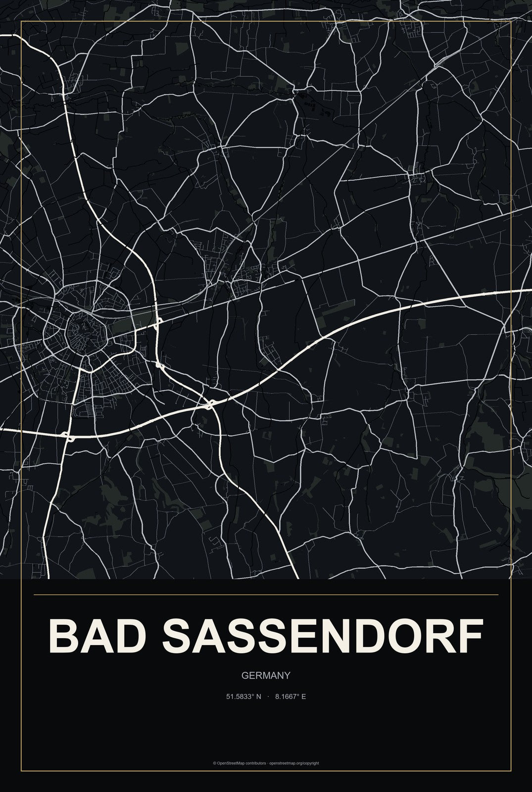 Bad Sassendorf, Germany City Map Aluminum Sign in Metropolitan Noir style