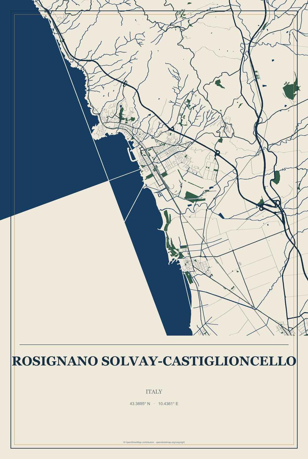 Rosignano Solvay-Castiglioncello, Italy City Map Aluminum Sign in Coastal Cutout style