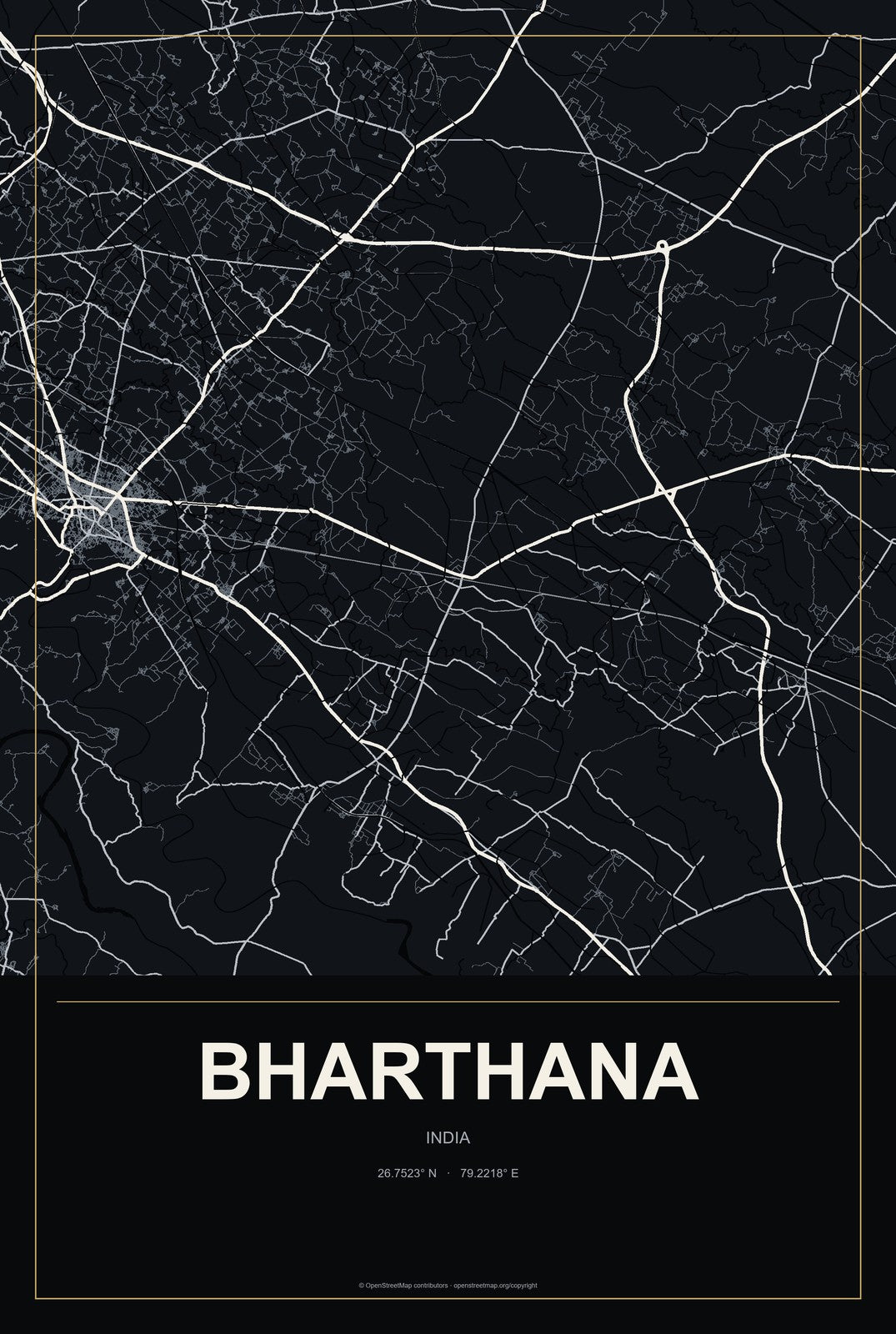 Bharthana, India City Map Aluminum Sign in Metropolitan Noir style
