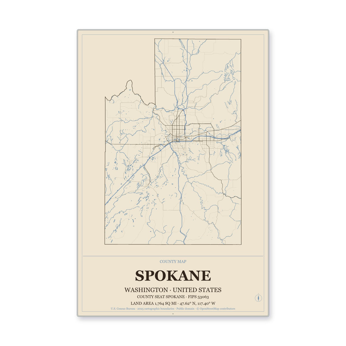 Spokane County, Washington Map Aluminum Sign in Heritage Nautical style