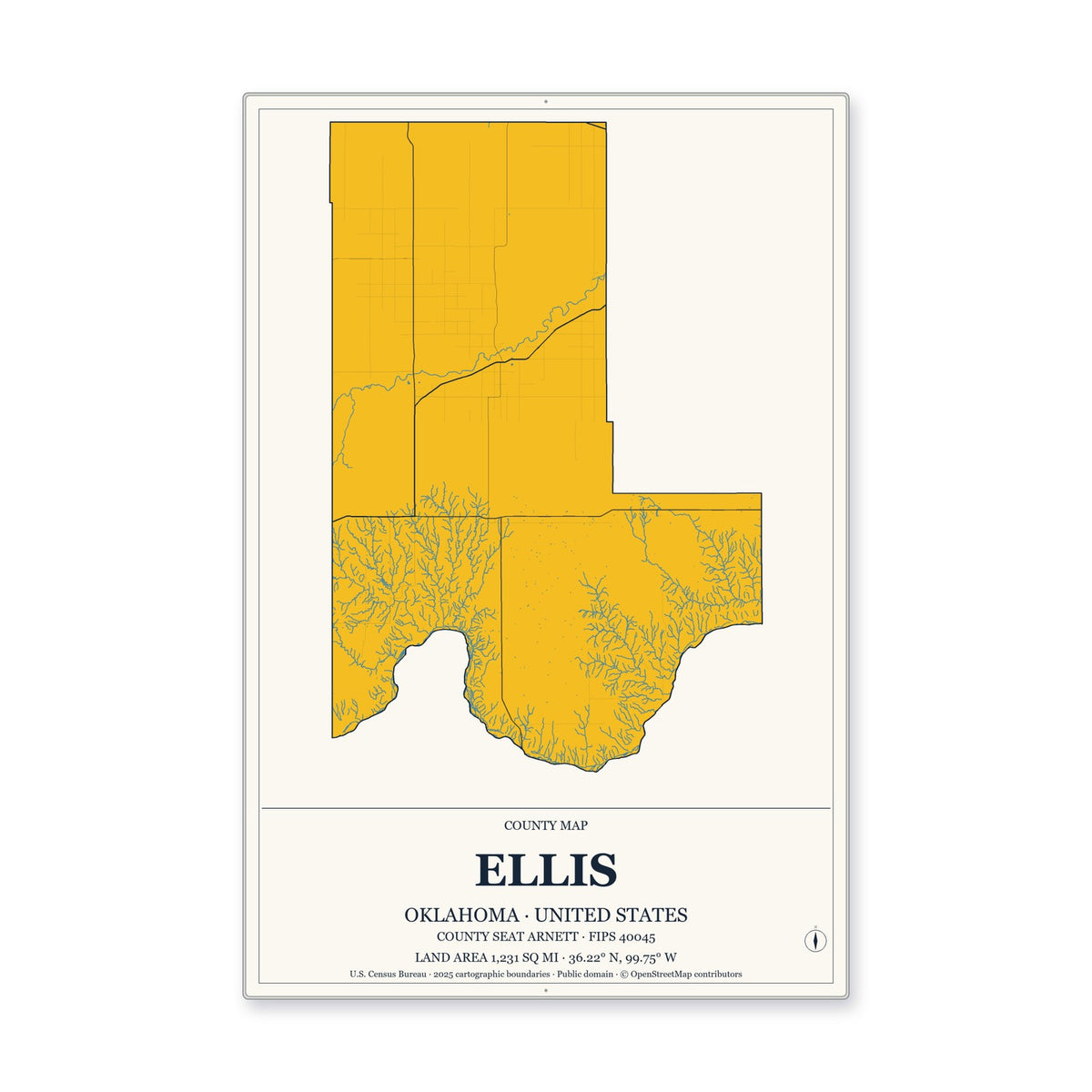 Ellis County, Oklahoma Map Aluminum Sign in Citrine Modern style
