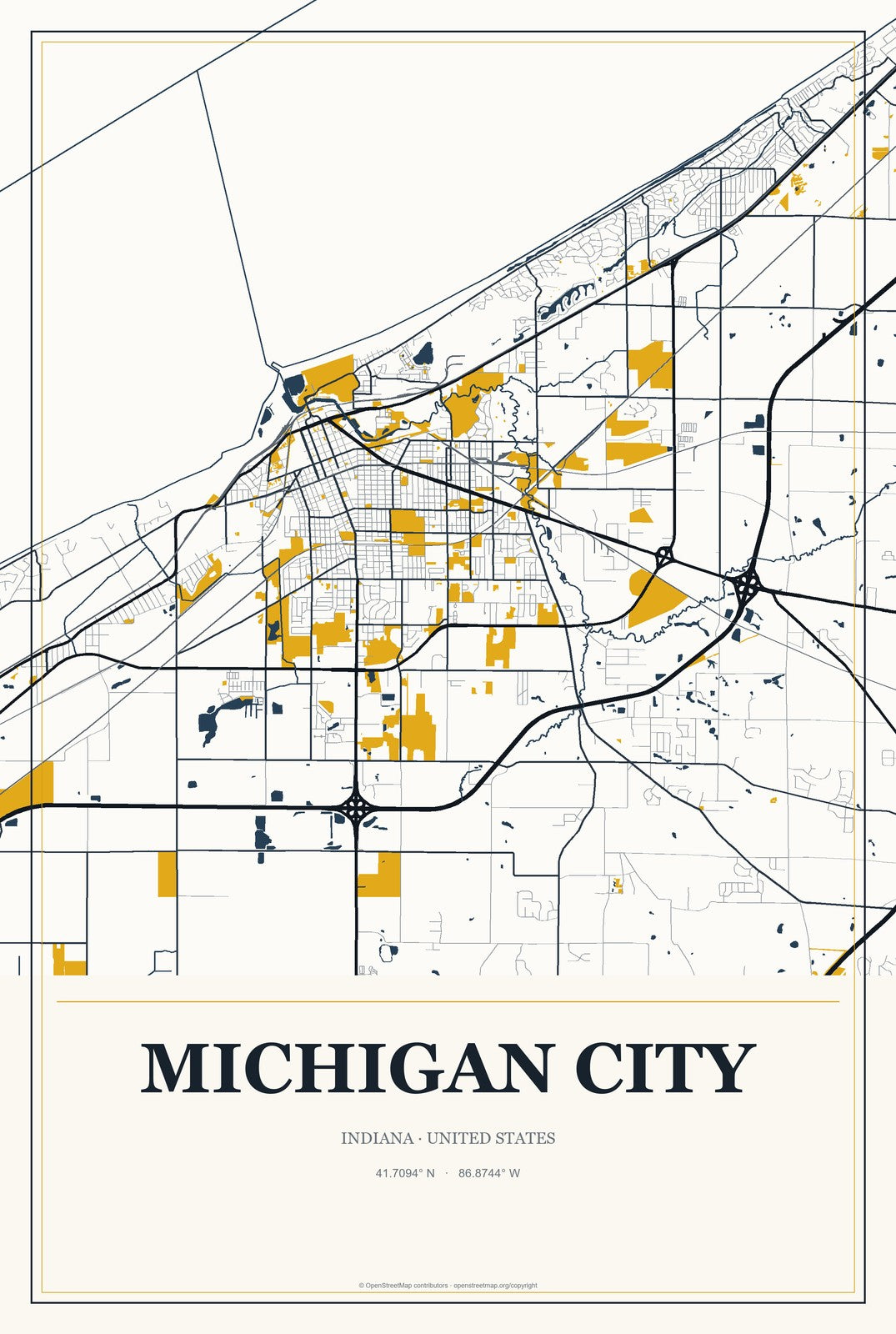 Michigan City, Indiana City Map Aluminum Sign in Citrine Modern style