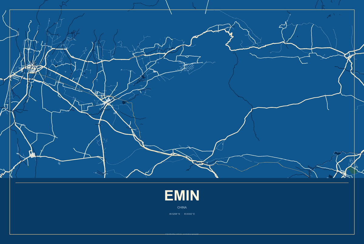 Emin, China City Map Aluminum Sign in Harbor Cobalt style