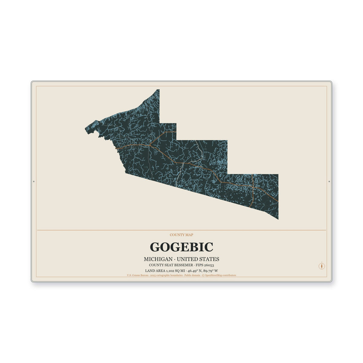 Gogebic County, Michigan Map Aluminum Sign in Headline Atlas style