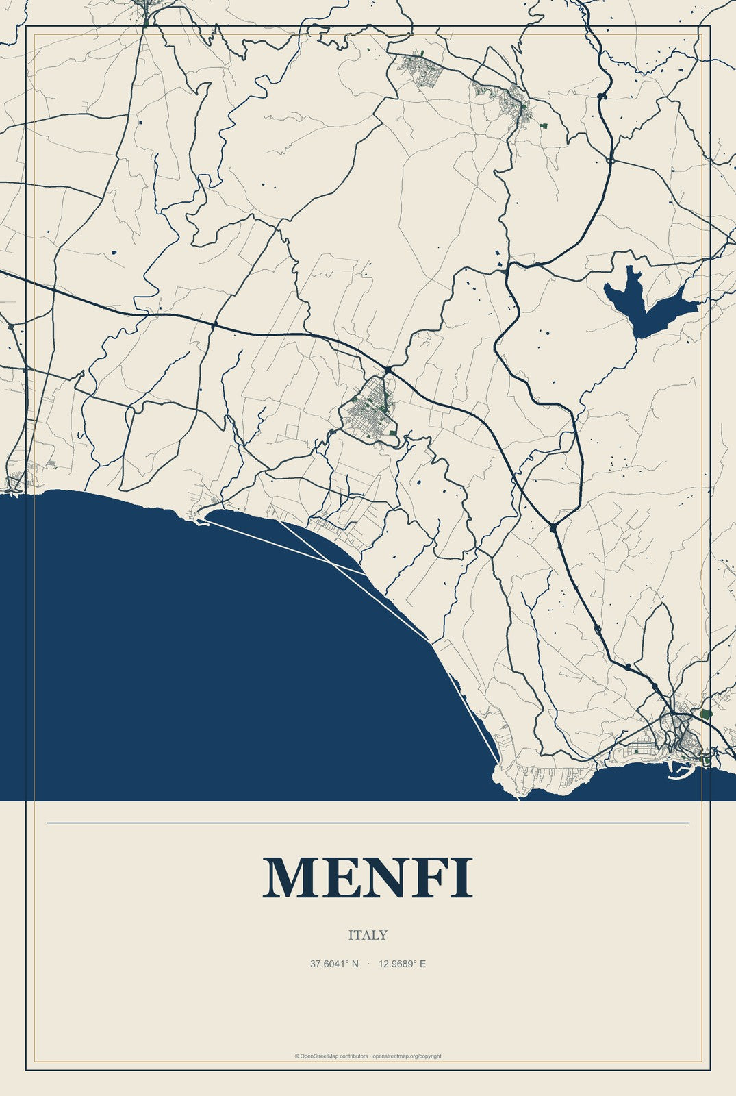 Menfi, Italy City Map Aluminum Sign in Coastal Cutout style