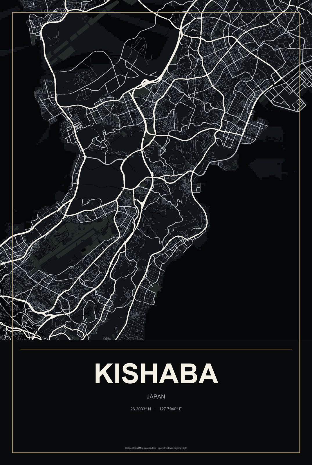 Kishaba, Japan City Map Aluminum Sign in Metropolitan Noir style