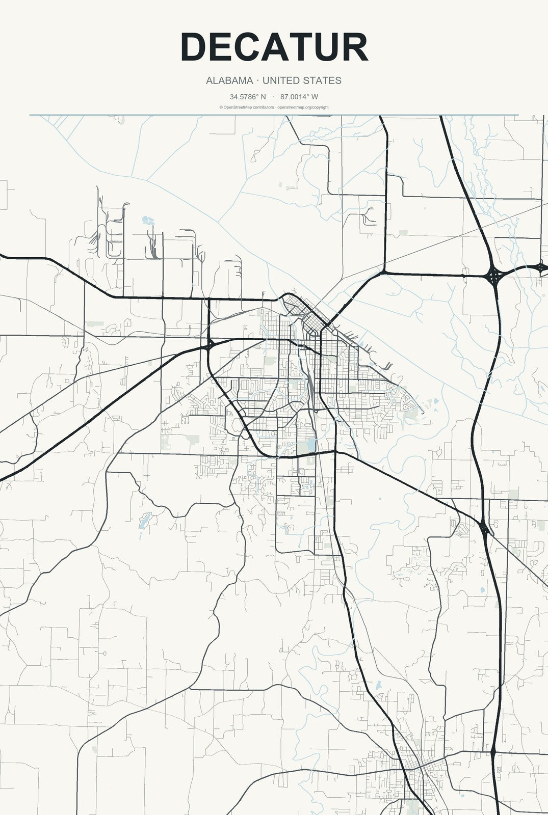 Decatur, Alabama City Map Aluminum Sign in Headline Atlas style