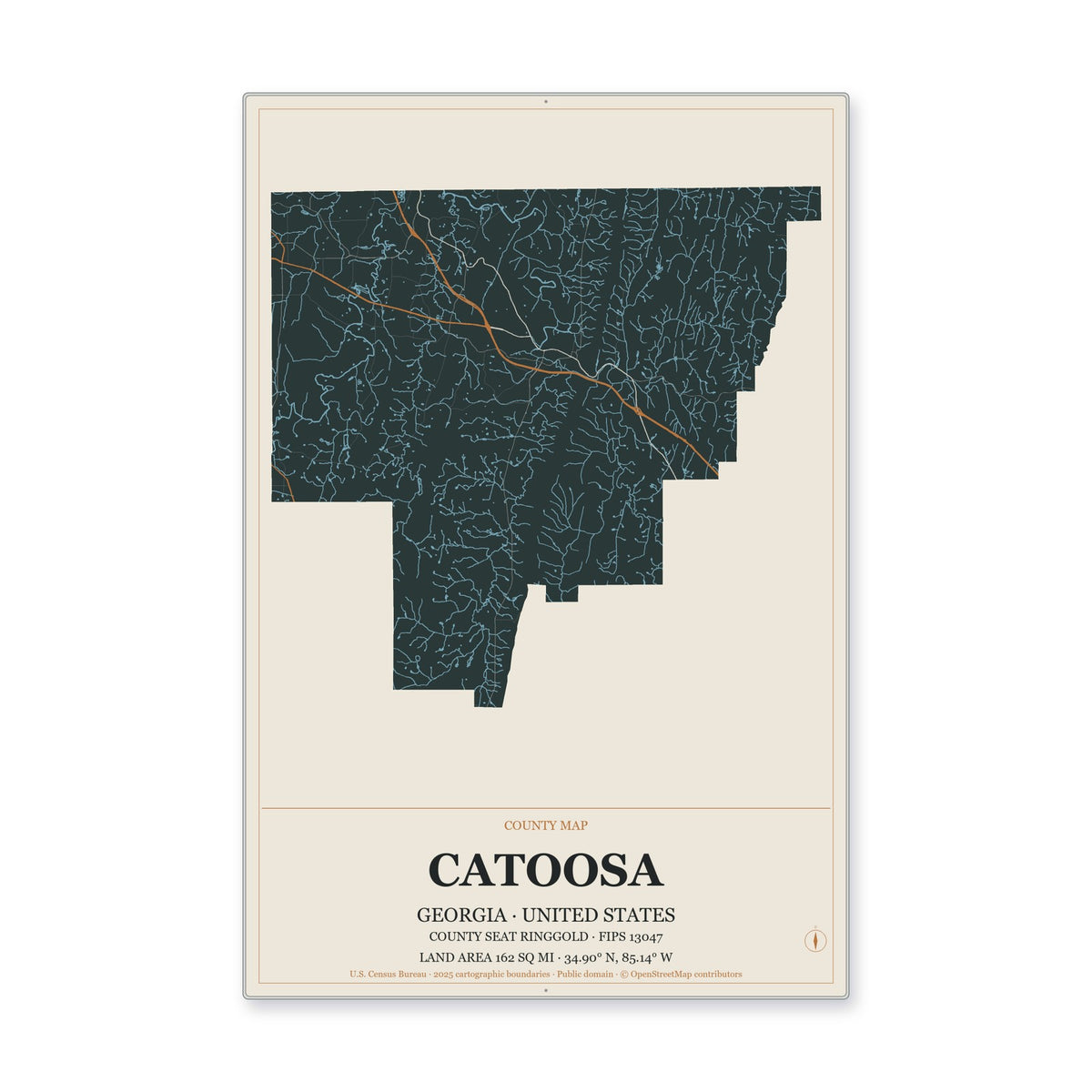 Catoosa County, Georgia Map Aluminum Sign in Headline Atlas style