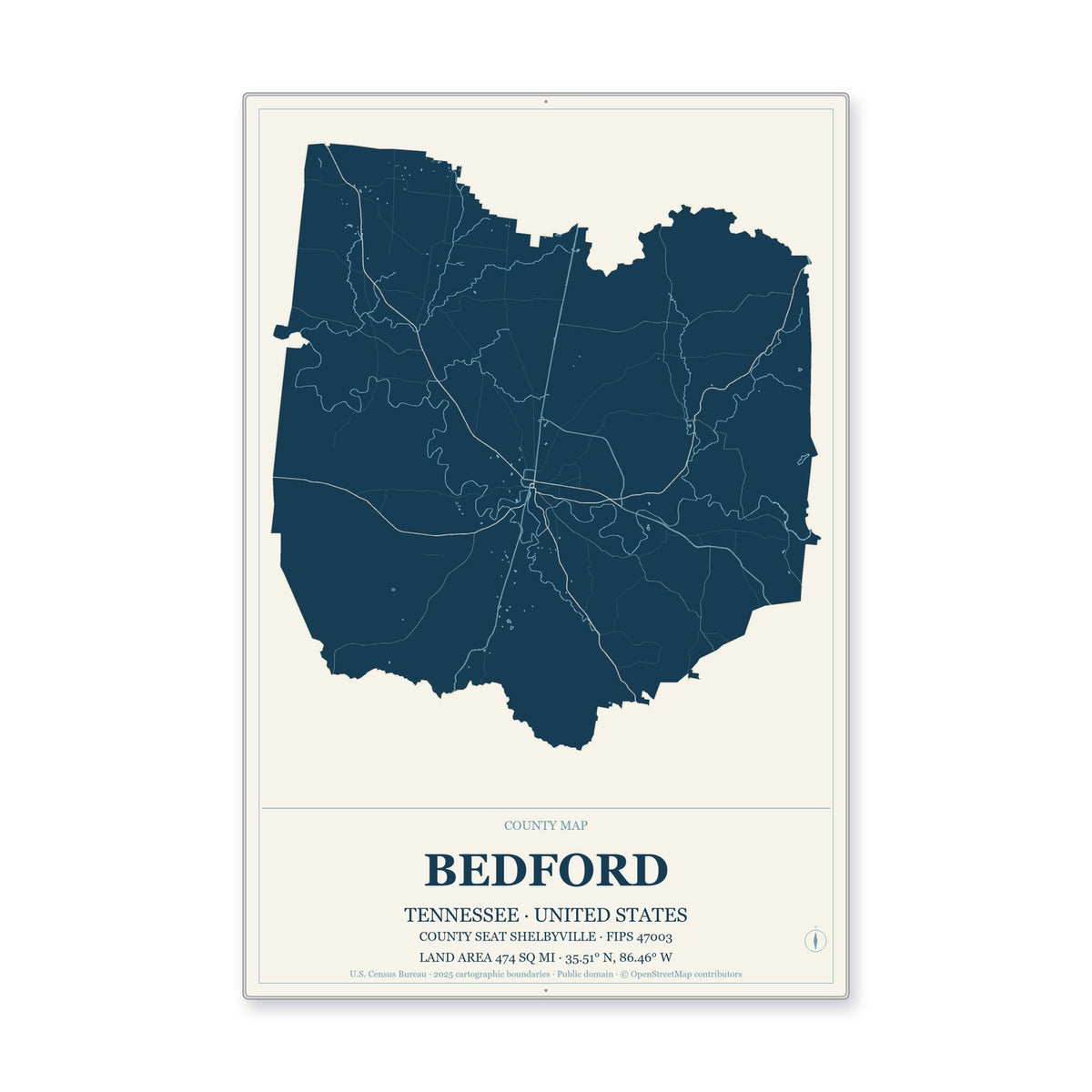 Bedford County, Tennessee Map Aluminum Sign in Coastal Cutout style