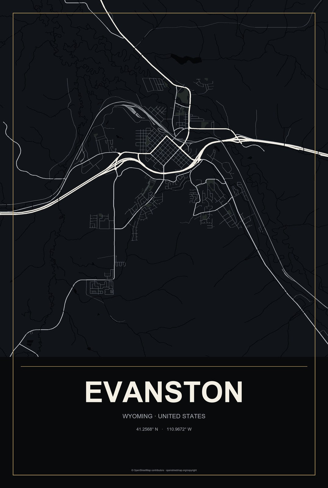 Evanston, Wyoming City Map Aluminum Sign in Metropolitan Noir style