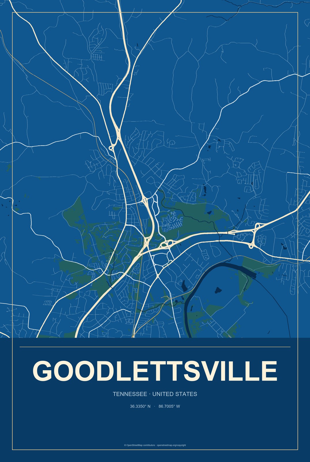 Goodlettsville, Tennessee City Map Aluminum Sign in Harbor Cobalt style