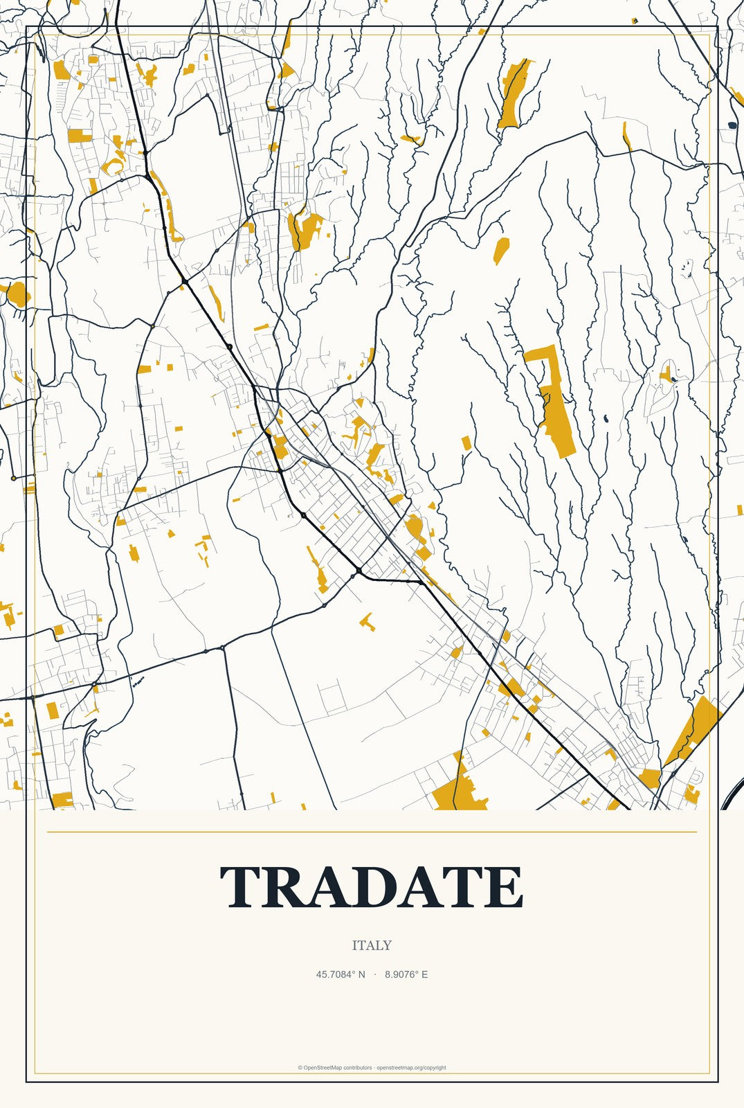 Tradate, Italy City Map Aluminum Sign in Citrine Modern style