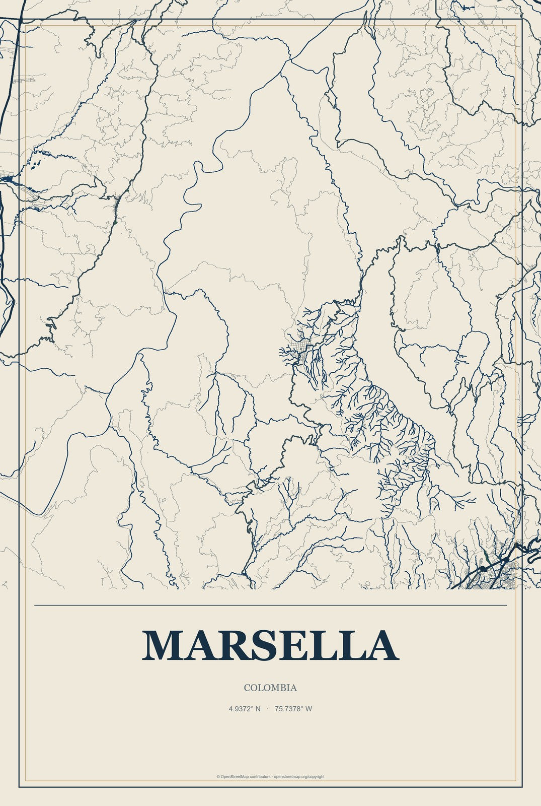 Marsella, Colombia City Map Aluminum Sign in Coastal Cutout style