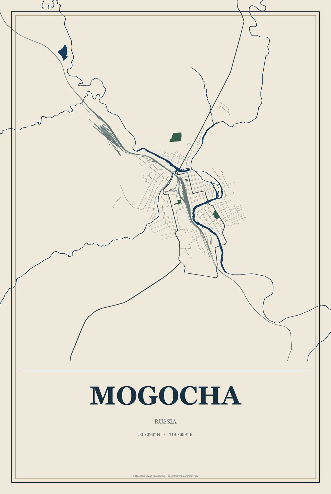 Mogocha, Russia City Map Aluminum Sign in Coastal Cutout style