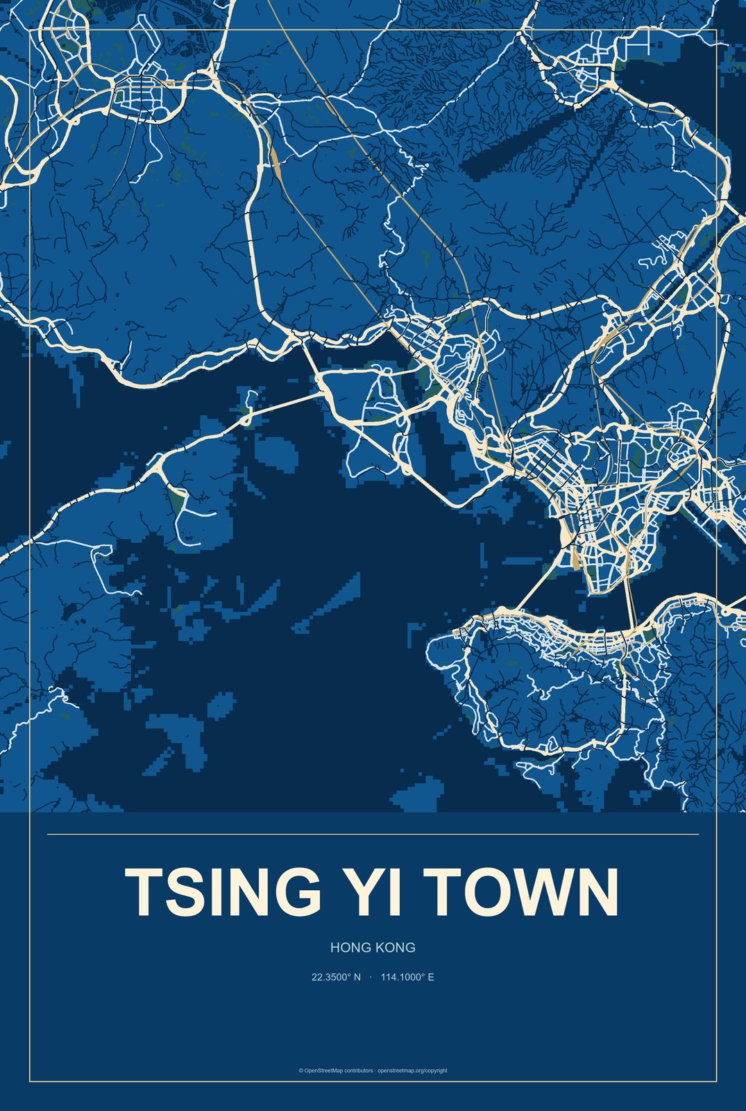 Tsing Yi Town, Hong Kong City Map Aluminum Sign in Harbor Cobalt style