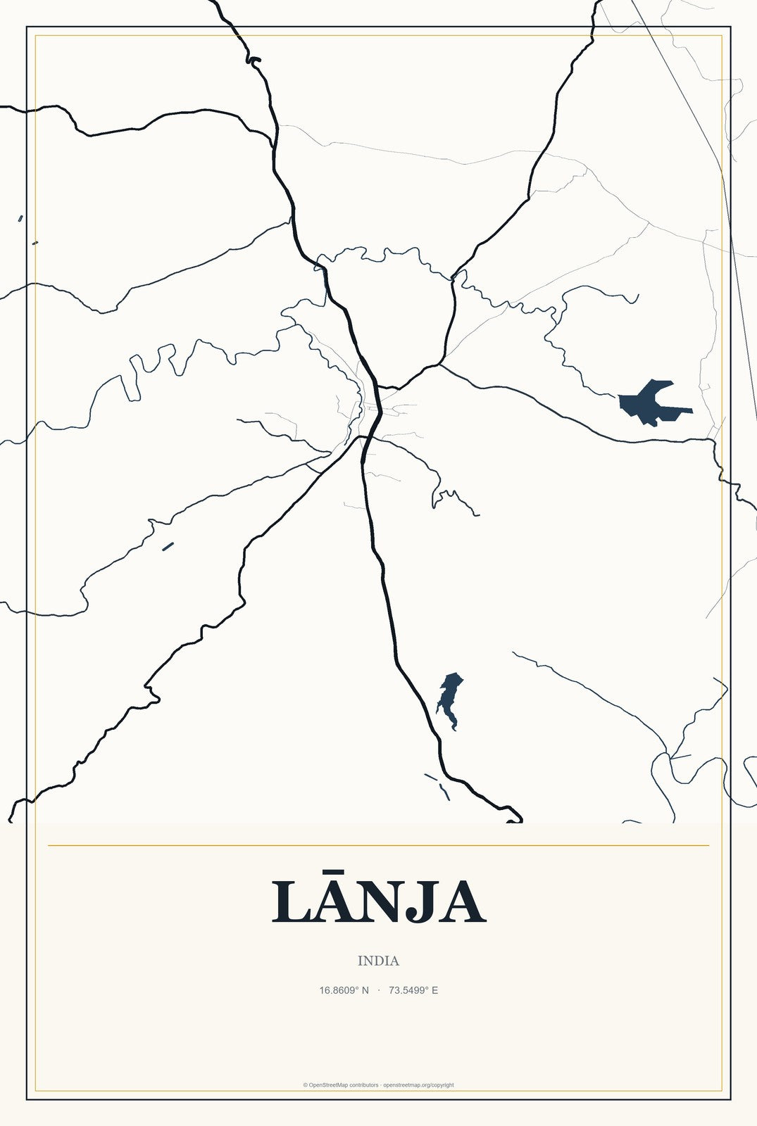 Lānja, India City Map Aluminum Sign in Citrine Modern style