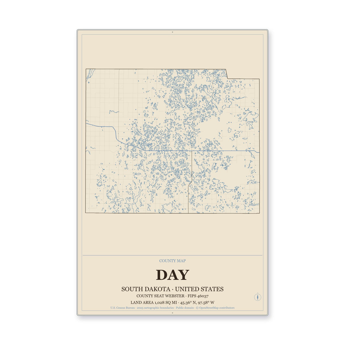Day County, South Dakota Map Aluminum Sign in Heritage Nautical style