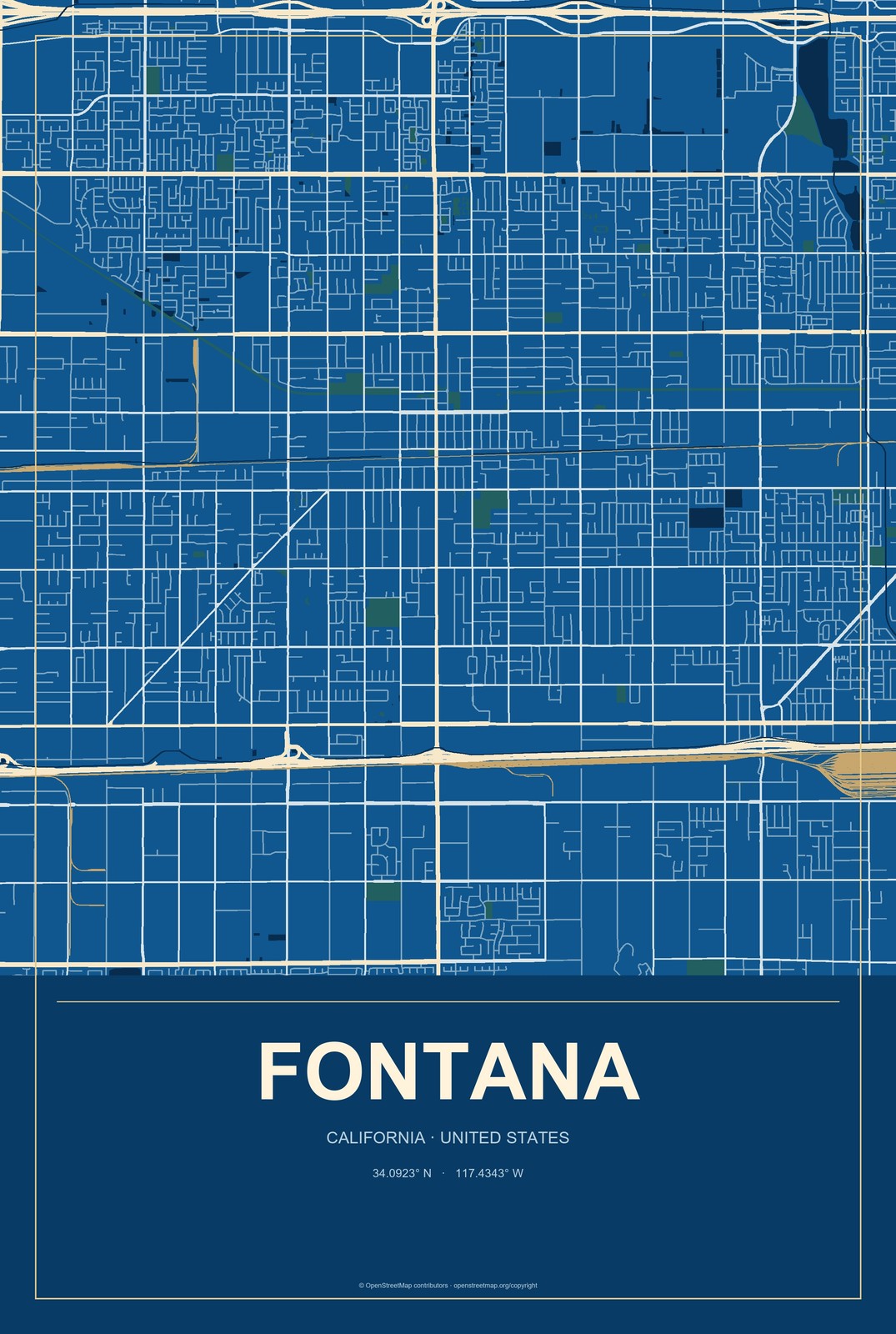 Fontana, California City Map Aluminum Sign in Harbor Cobalt style