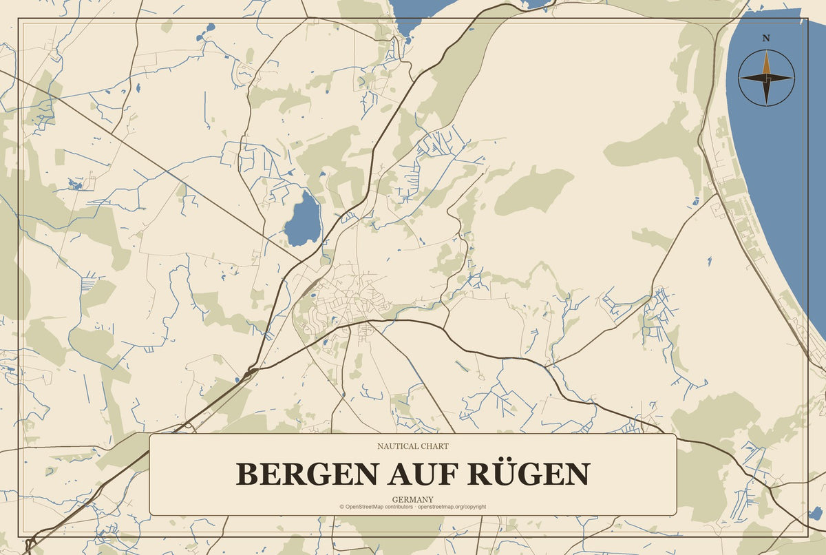 Bergen auf Rügen, Germany City Map Aluminum Sign in Heritage Nautical style