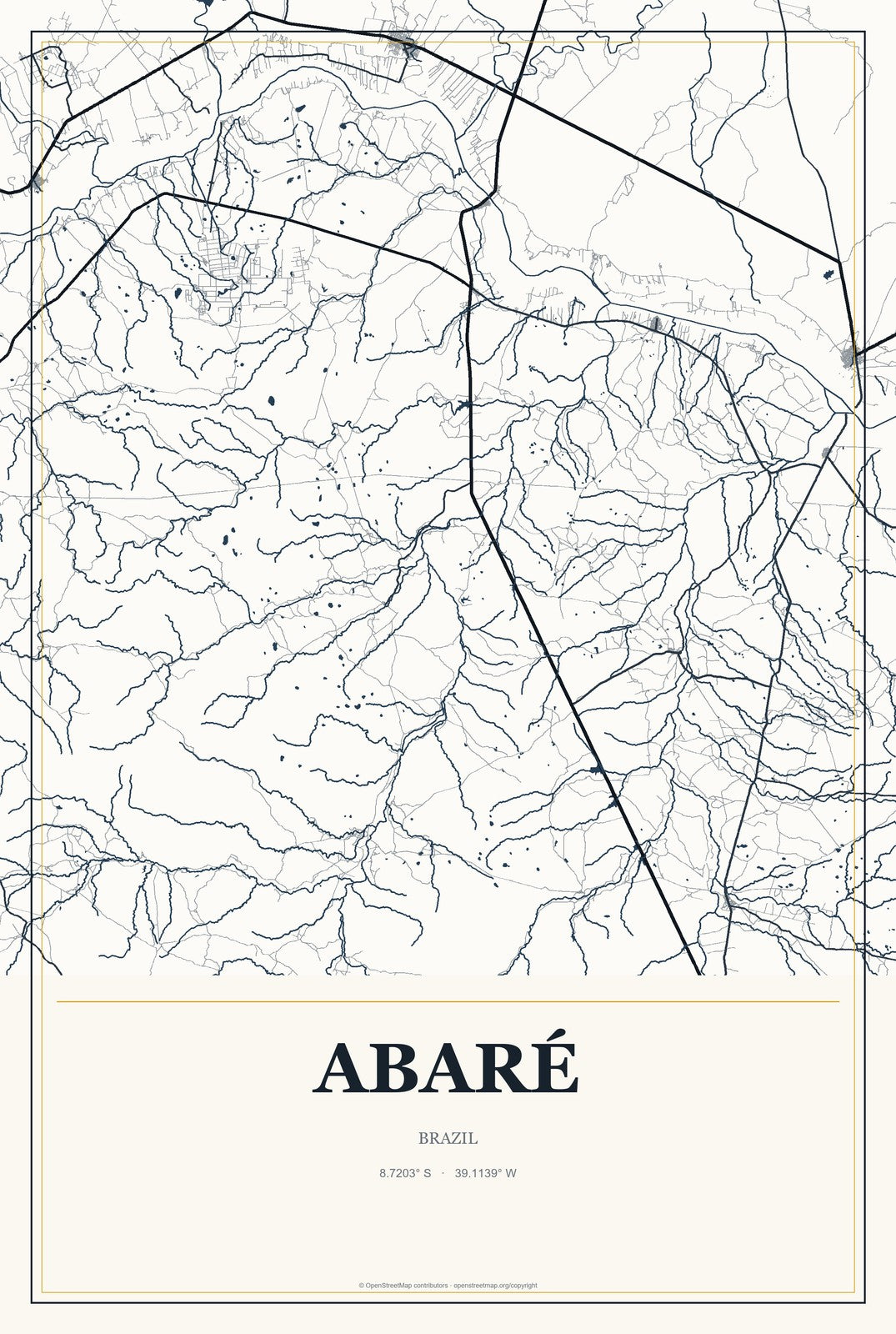 Abaré, Brazil City Map Aluminum Sign in Citrine Modern style