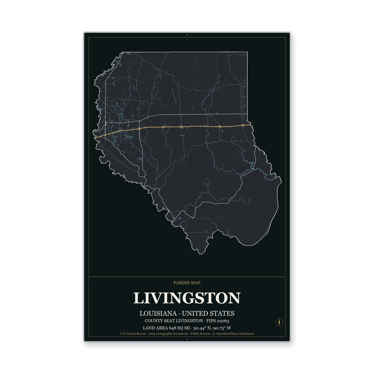 Livingston Parish, Louisiana Map Aluminum Sign in Metropolitan Noir style