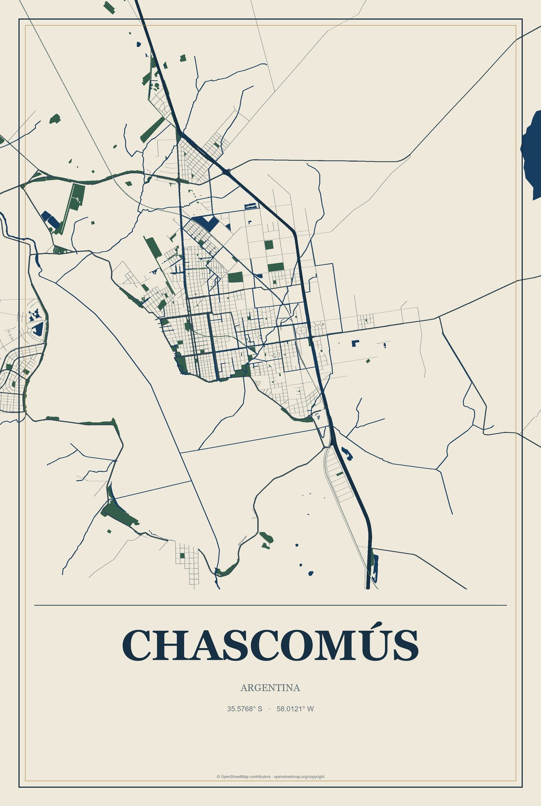 Chascomús, Argentina City Map Aluminum Sign in Coastal Cutout style