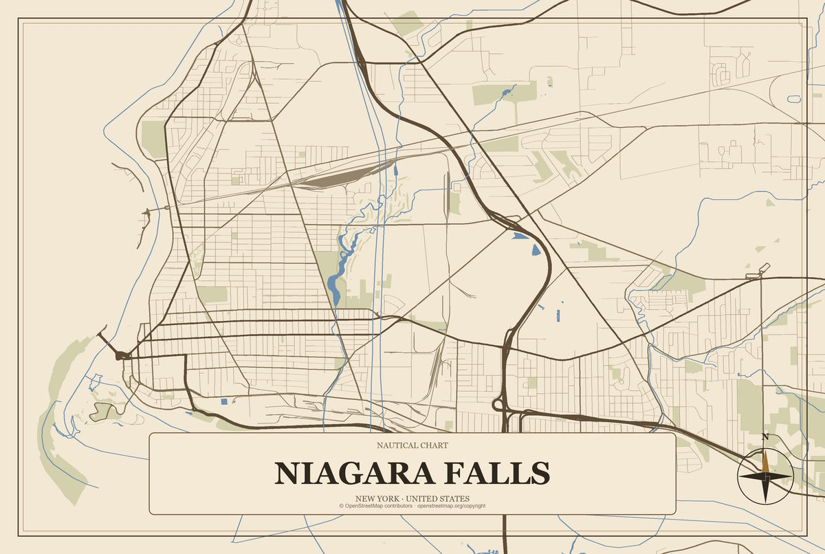 Niagara Falls, New York City Map Aluminum Sign in Heritage Nautical style