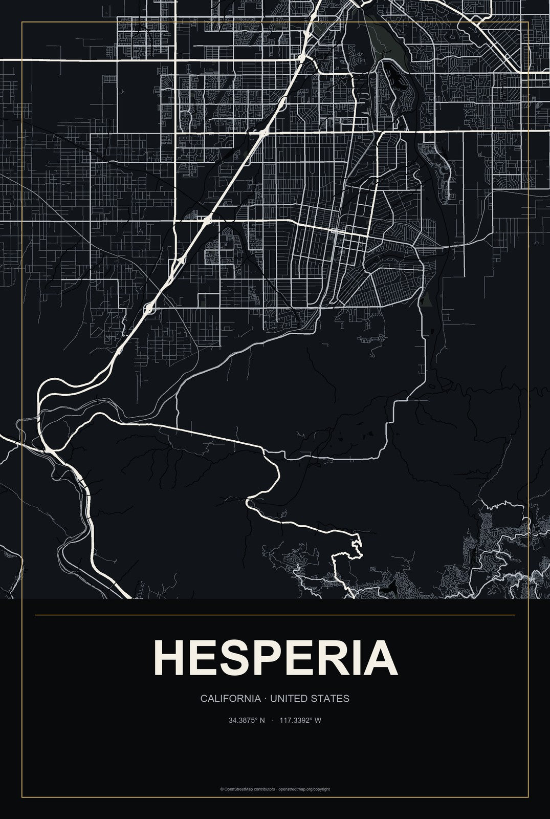 Hesperia, California City Map Aluminum Sign in Metropolitan Noir style
