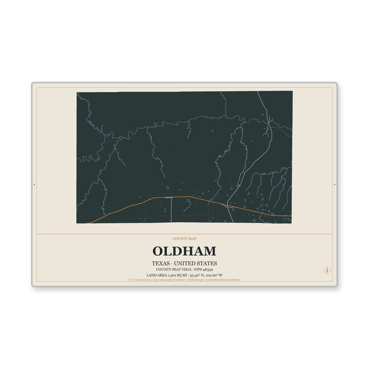 Oldham County, Texas Map Aluminum Sign in Headline Atlas style