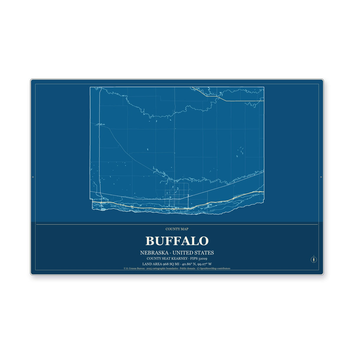 Buffalo County, Nebraska Map Aluminum Sign in Harbor Cobalt style