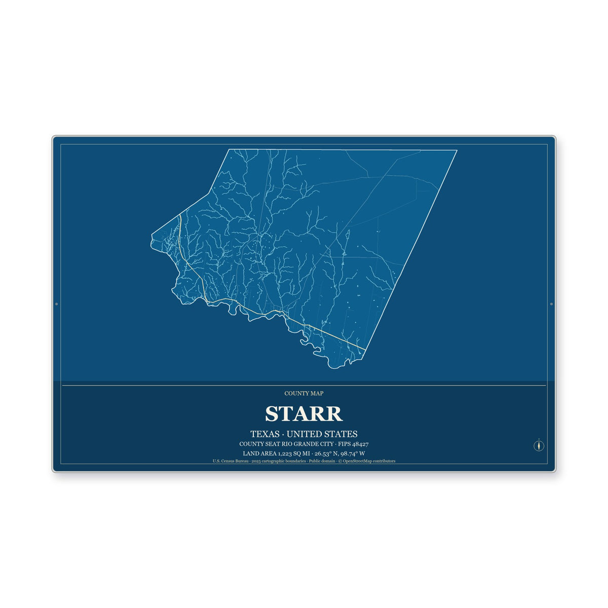 Starr County, Texas Map Aluminum Sign in Harbor Cobalt style