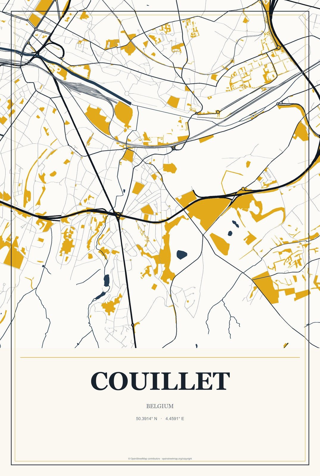 Couillet, Belgium City Map Aluminum Sign in Citrine Modern style