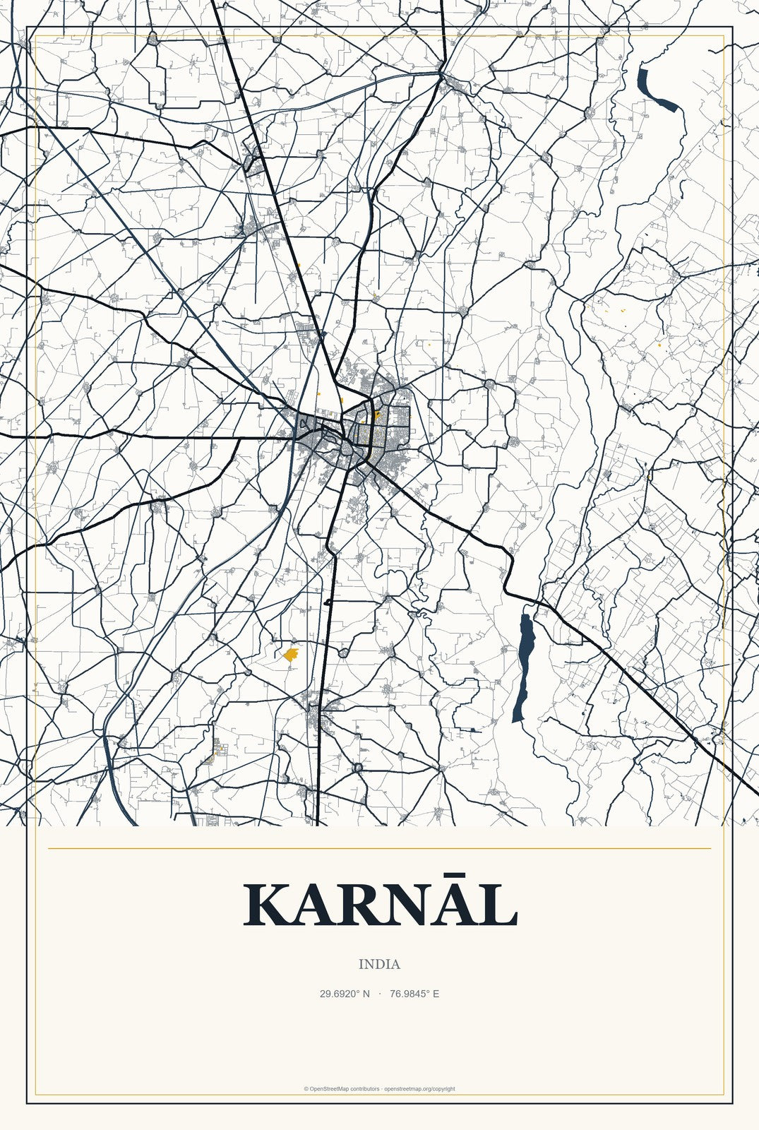 Karnāl, India City Map Aluminum Sign in Citrine Modern style