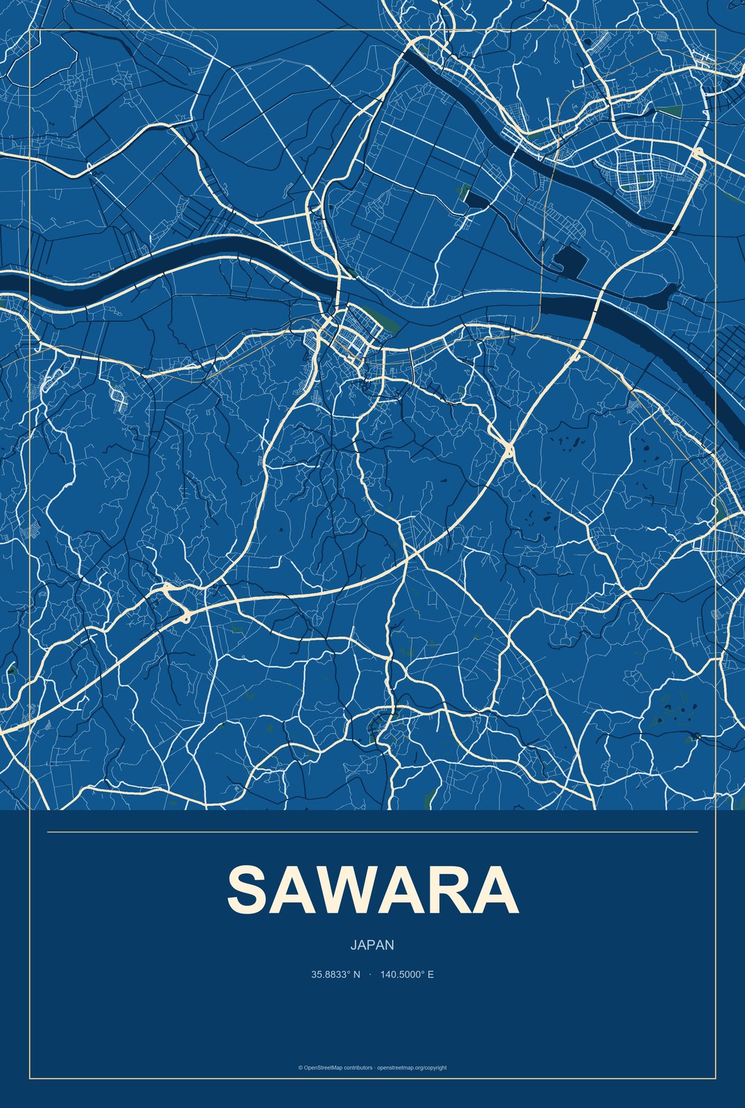 Sawara, Japan City Map Aluminum Sign in Harbor Cobalt style