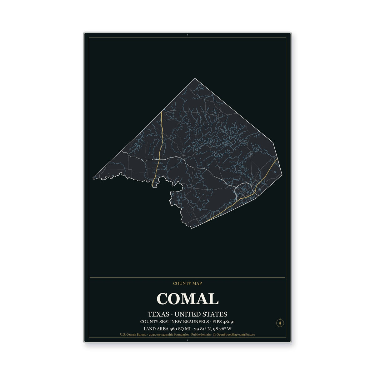 Comal County, Texas Map Aluminum Sign in Metropolitan Noir style