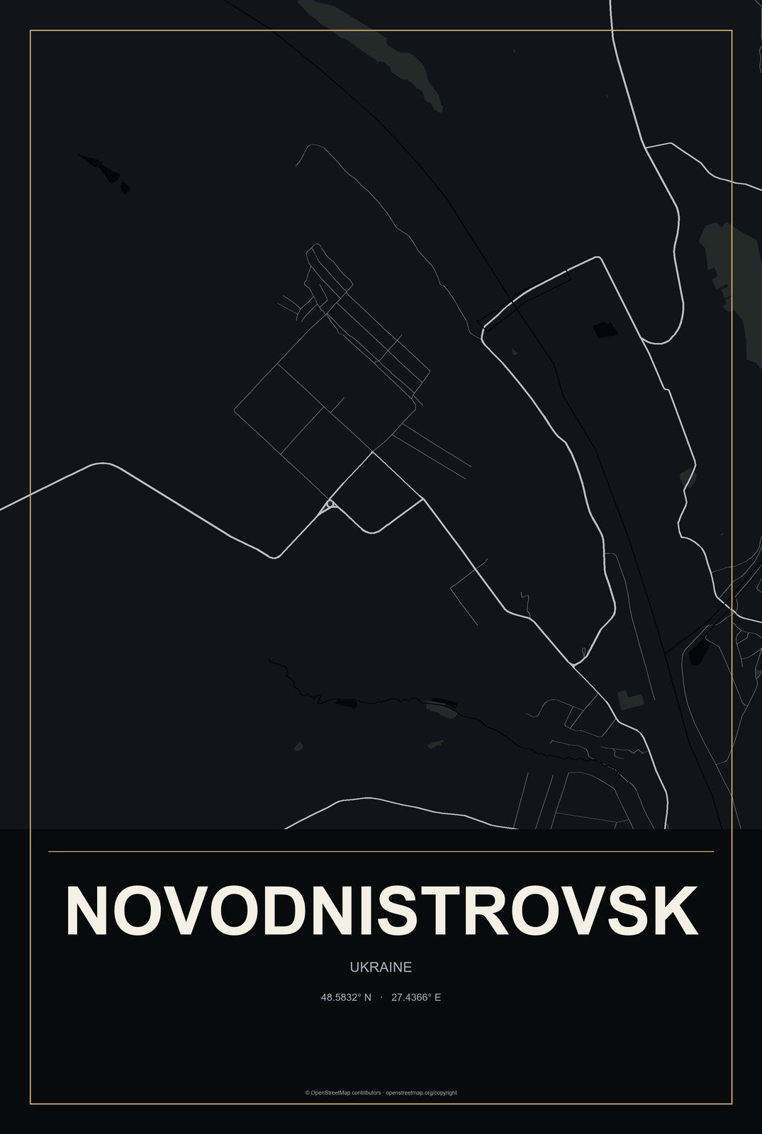 Novodnistrovsk, Ukraine City Map Aluminum Sign in Metropolitan Noir style