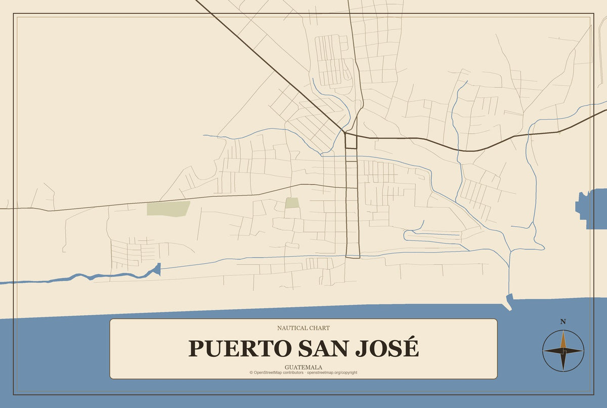 Puerto San José, Guatemala City Map Aluminum Sign in Heritage Nautical style