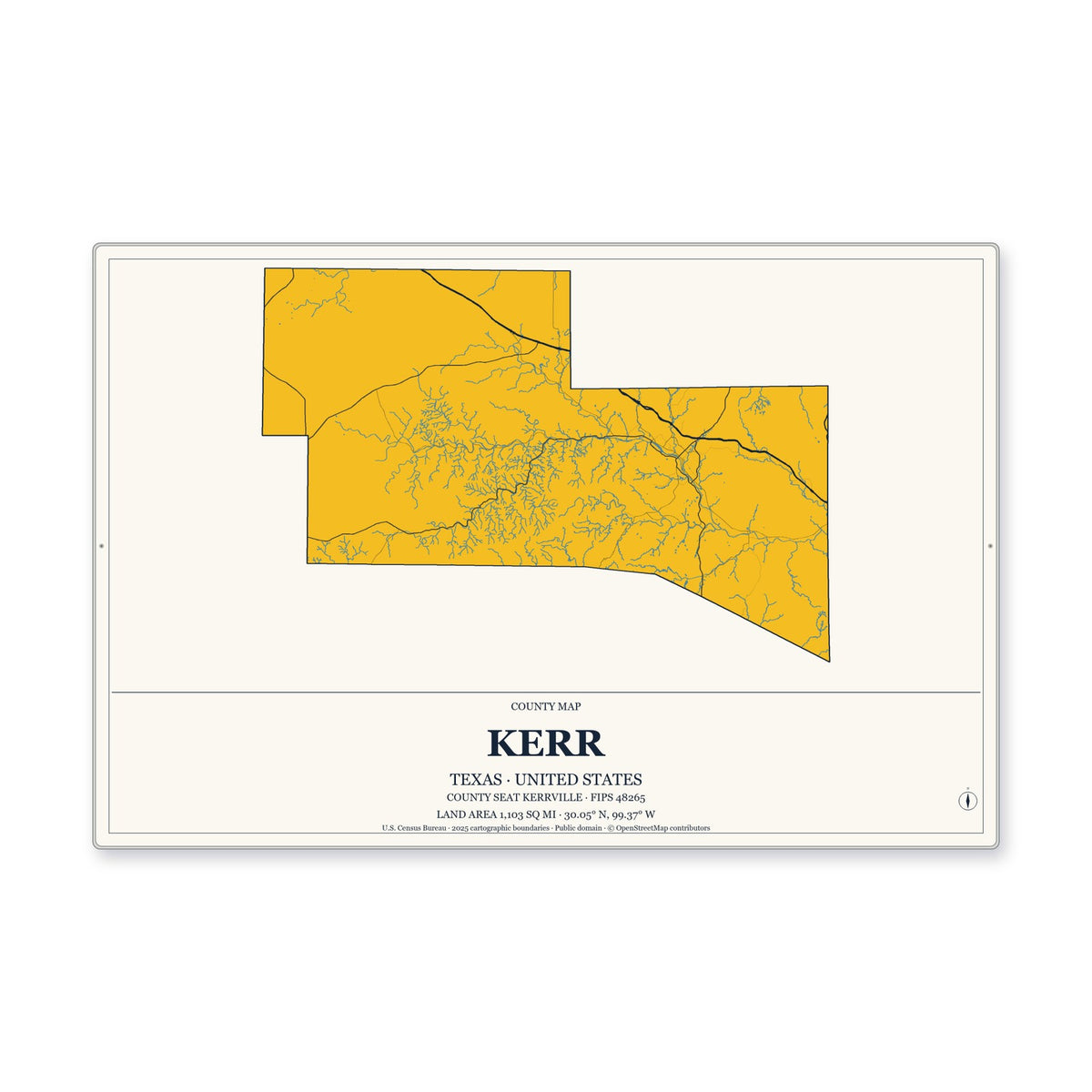 Kerr County, Texas Map Aluminum Sign in Citrine Modern style