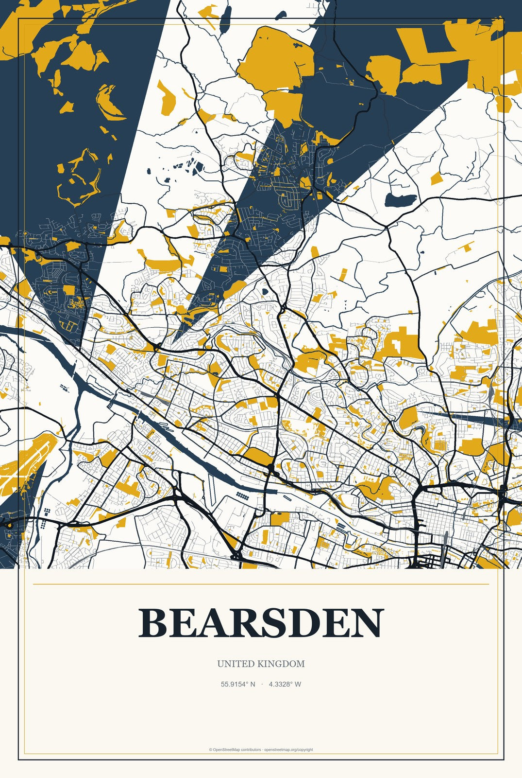 Bearsden, United Kingdom City Map Aluminum Sign in Citrine Modern style