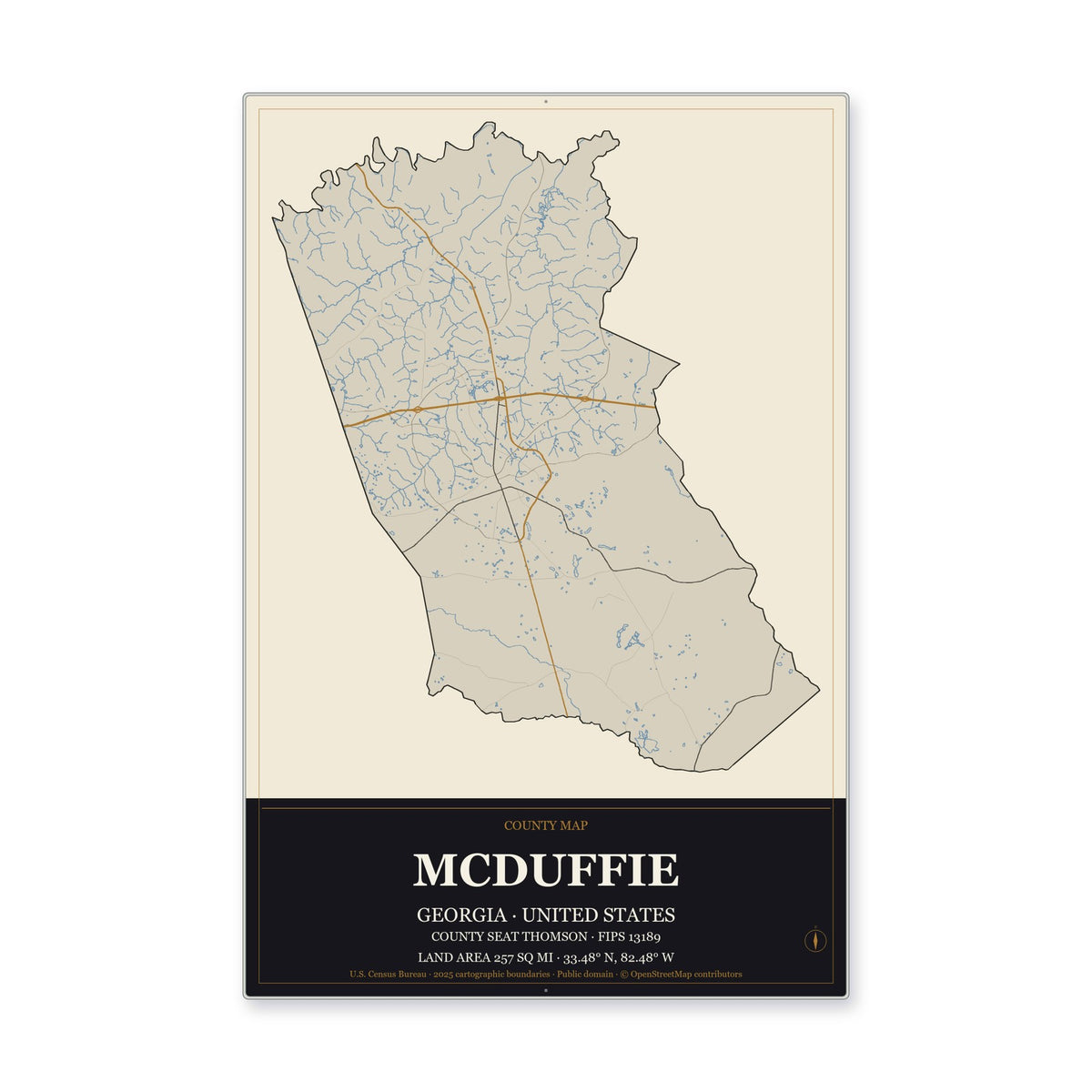 McDuffie County, Georgia Map Aluminum Sign in Museum Plaque style