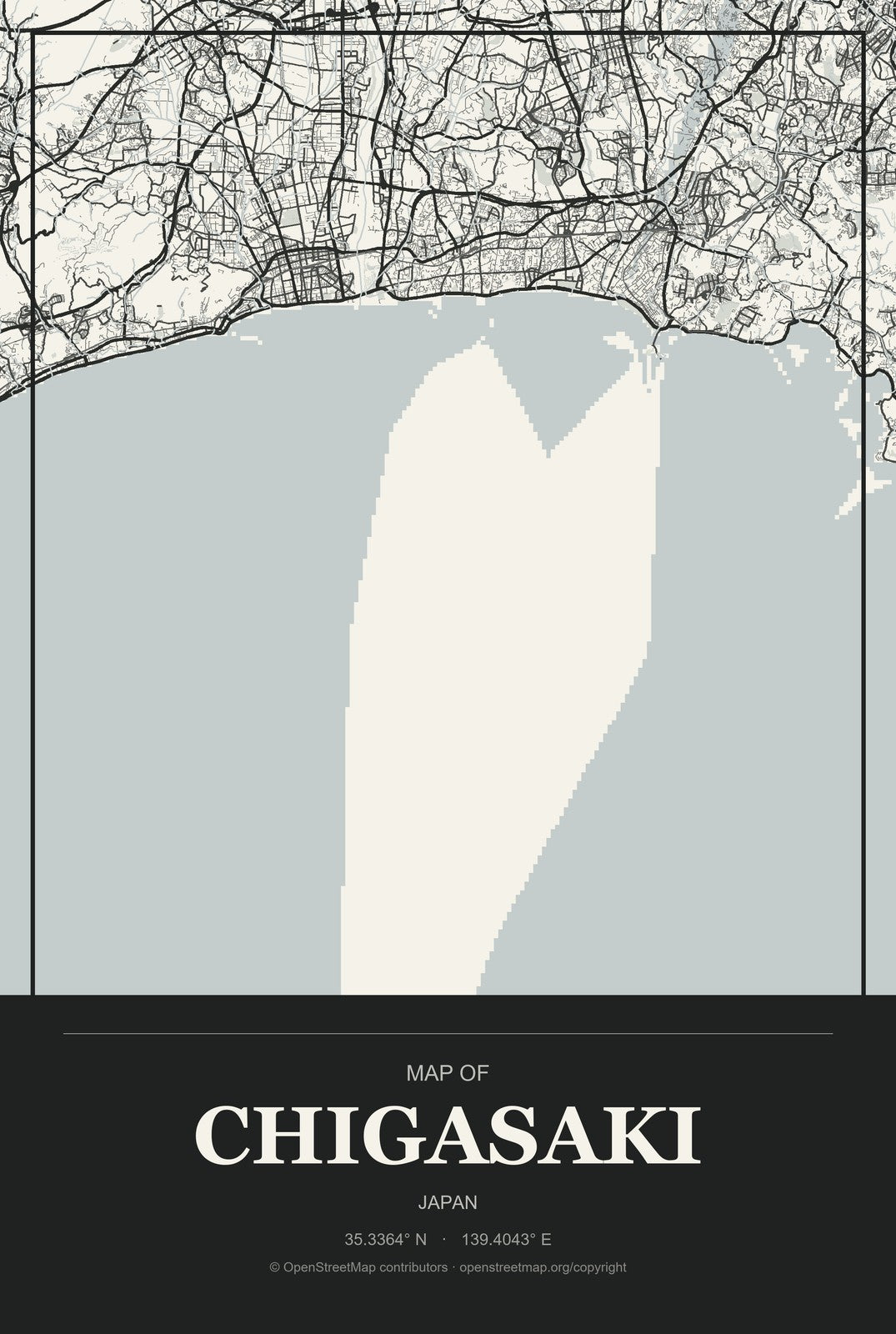 Chigasaki, Japan City Map Aluminum Sign in Museum Plaque style