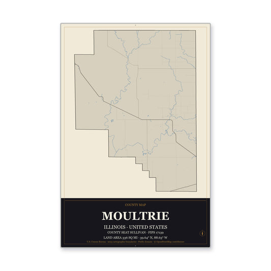 Moultrie County, Illinois Map Aluminum Sign in Museum Plaque style