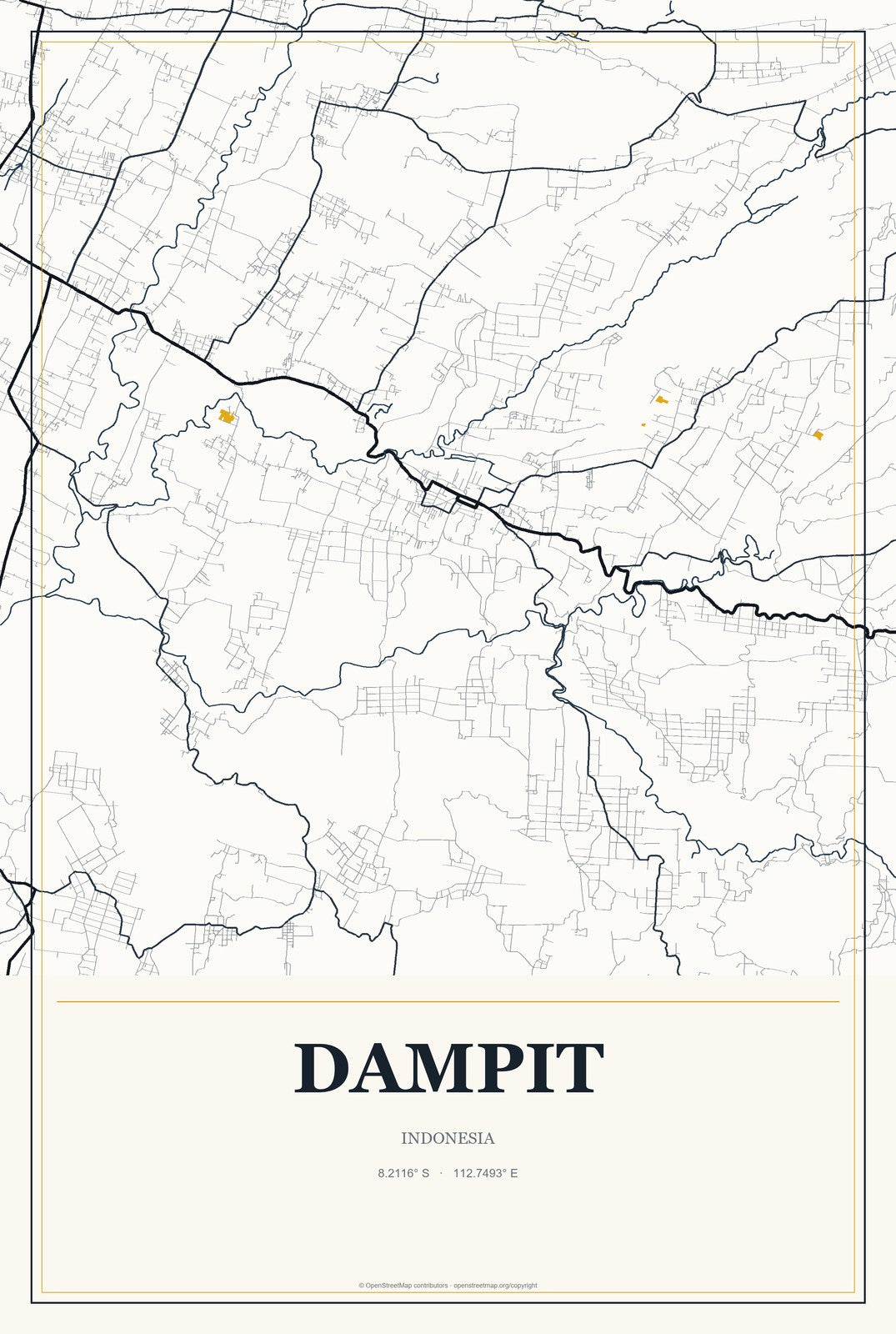 Dampit, Indonesia City Map Aluminum Sign in Citrine Modern style