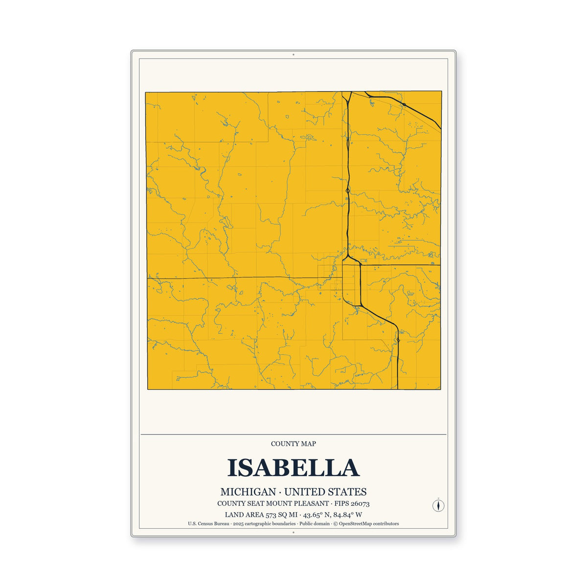 Isabella County, Michigan Map Aluminum Sign in Citrine Modern style